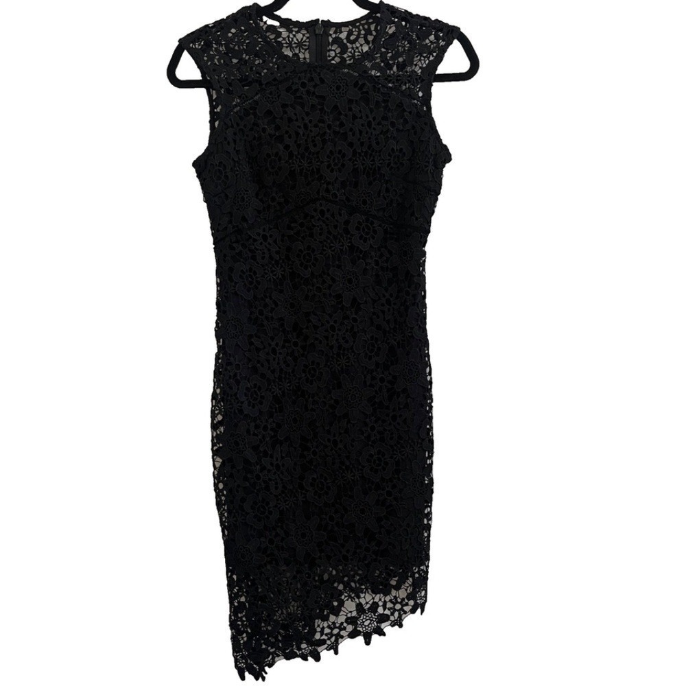 Bebe Women Floral Lace Bodycon Sheath Dress 2 Black Scalloped Hem Romantic Party